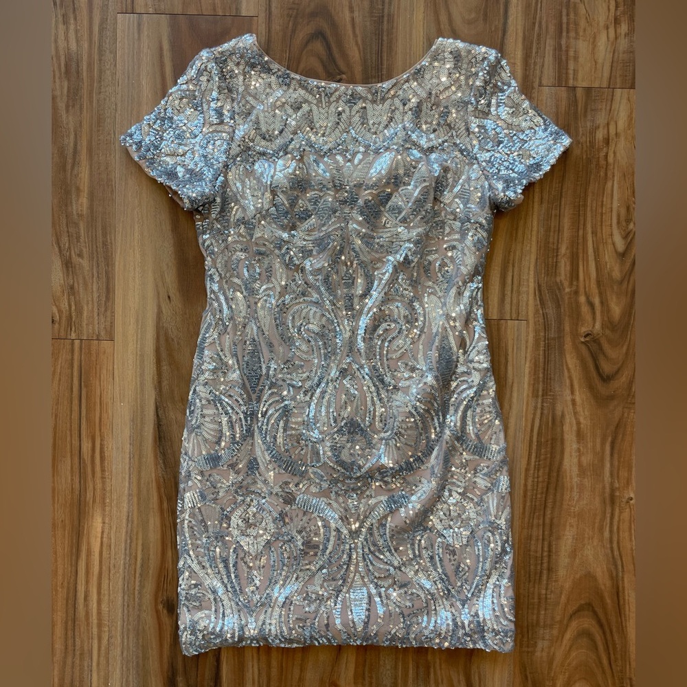 Vintage Sequin Cocktail Dress Gold Nude Art Deco Petite 8P